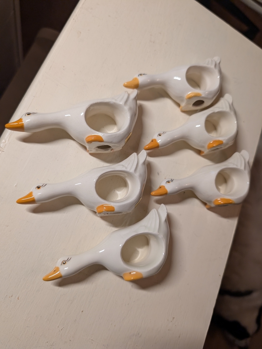 Set of 6 White Ceramic Goose Napkin Rings with Yellow Beaks. Vintage